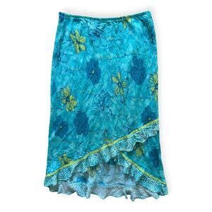 Vintage Y2K Anne Carson Ruffled High Low Slip Skirt Blue Lime Green Floral  L